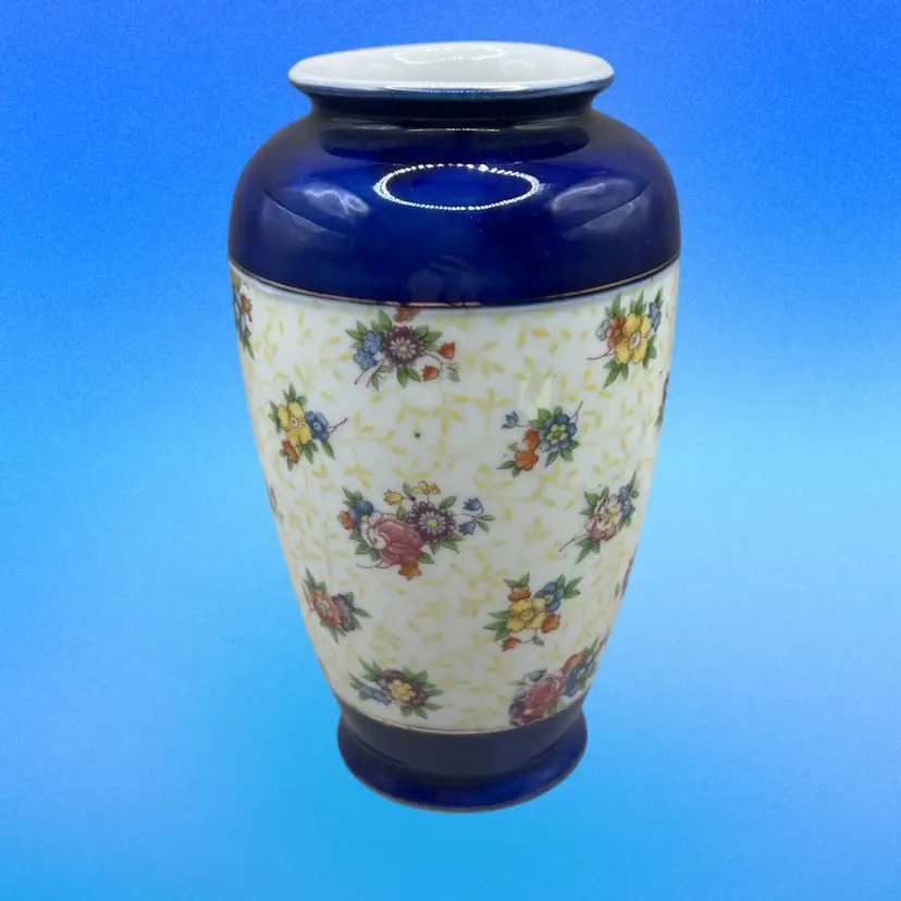 Cobalt Blue And Floral Porcelain Vase Made In Japan 6.25”