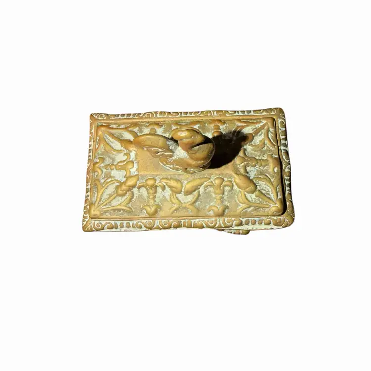 Antique Figural Brass Rooster Lidded Box Victorian Style Desk Trinket Box Patina