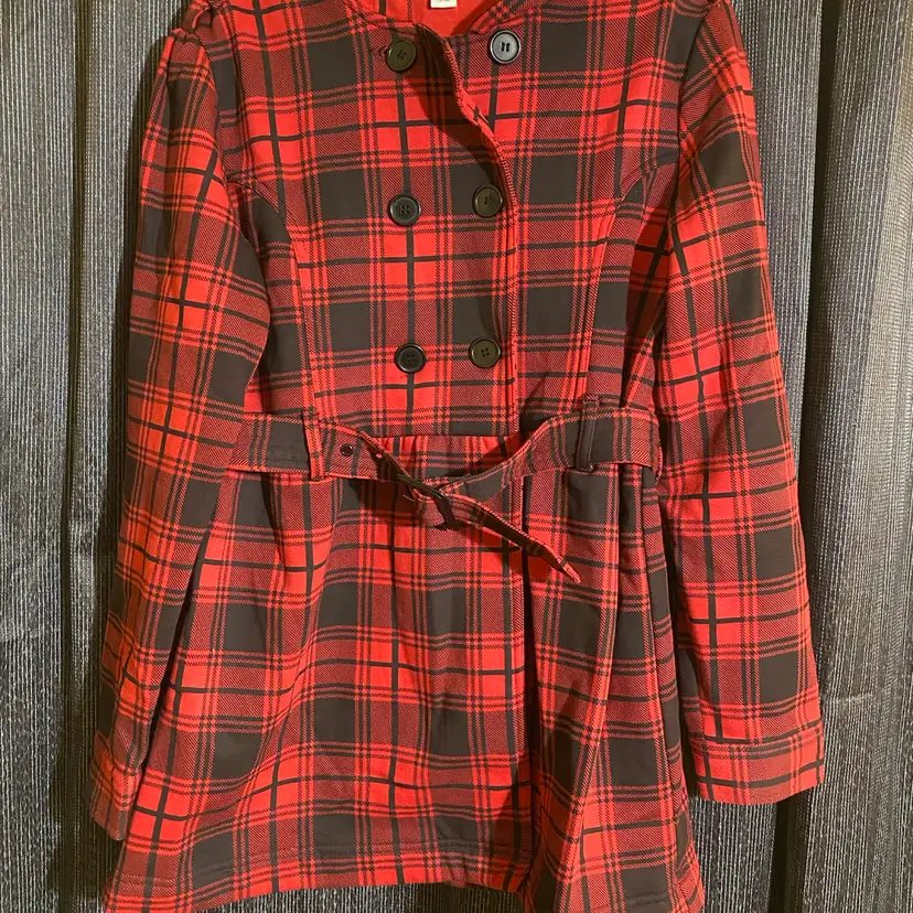 Derek Heart Women's Large Red & Black Plaid Double-Breasted Fabric Trench Coat