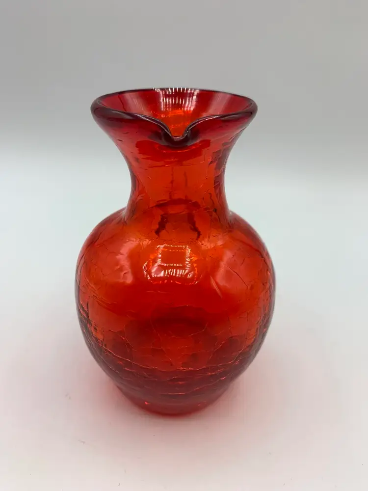 Vintage Ruby Red Crackle Glass Pitcher Hand Blown Applied Handle Mid Century Decor