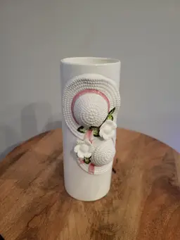 White Ceramic 3D Straw Hat Vase And Flowers Spring