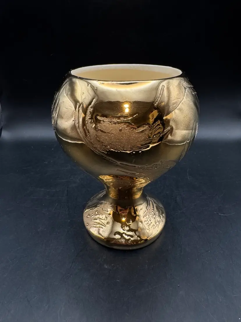 Vintage MCM Joe Swetye 22k Weeping Gold Gilded Pottery Ceramic Candy Dish/Vase/Bowl/Plantar 6.5”