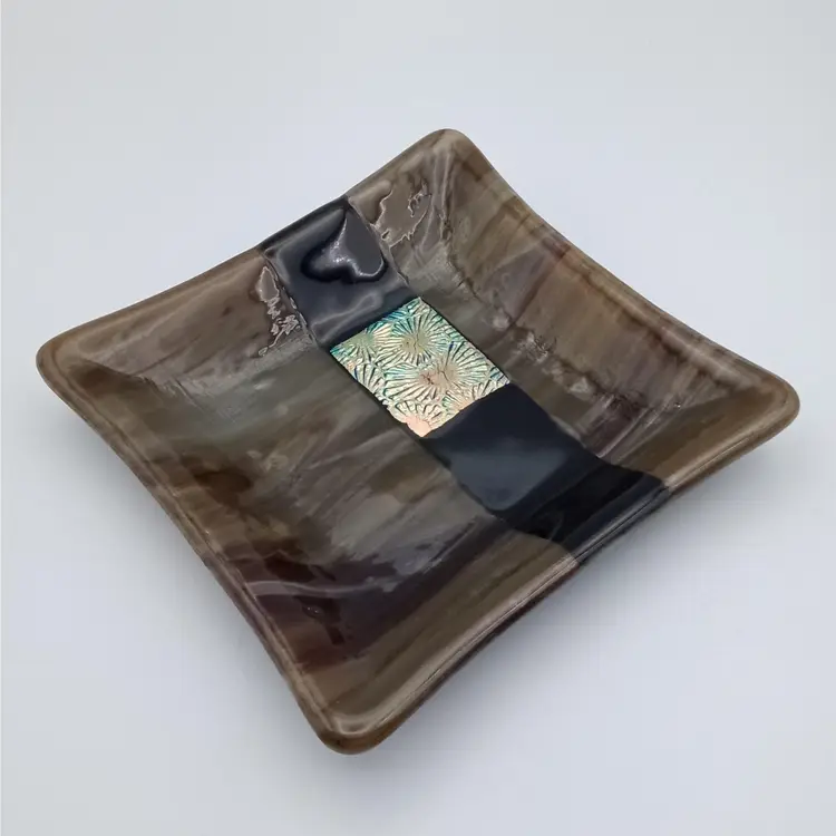 Fused Glass Square Trinket Dish Brown Black Gold Abstract Design Signed D. Cox