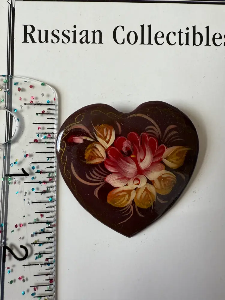 Vintage Russian Hand Painted Heart Pin Brooch Flower Floral
