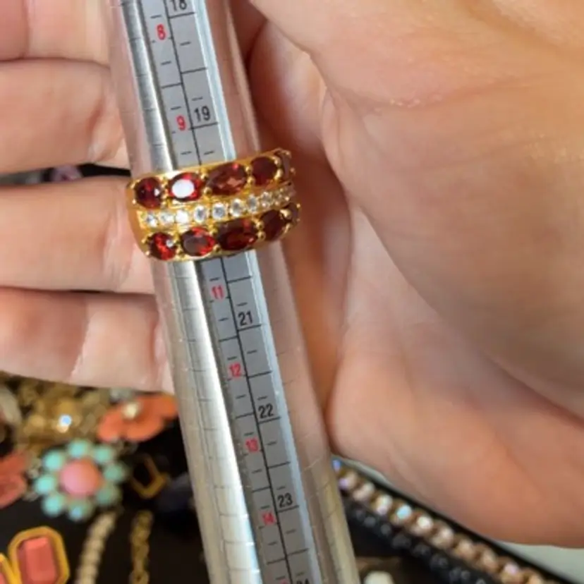 Garnet And Clear Stone Gold Tone Ring Size 10
