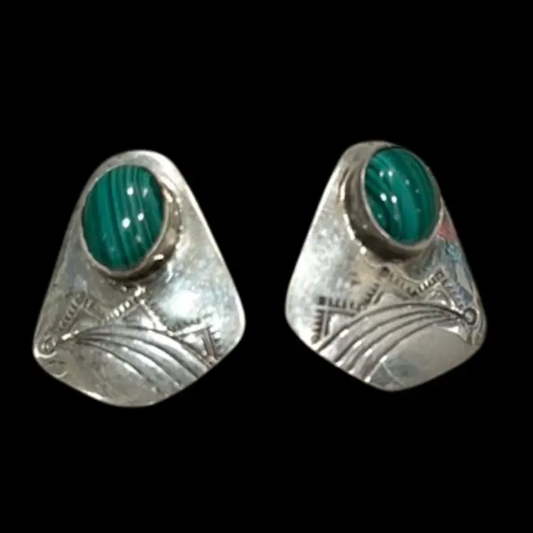 Vintage Navajo Stamped Design Sterling Silver Malachite Cabochon Post Earrings, 1”, 4.7g