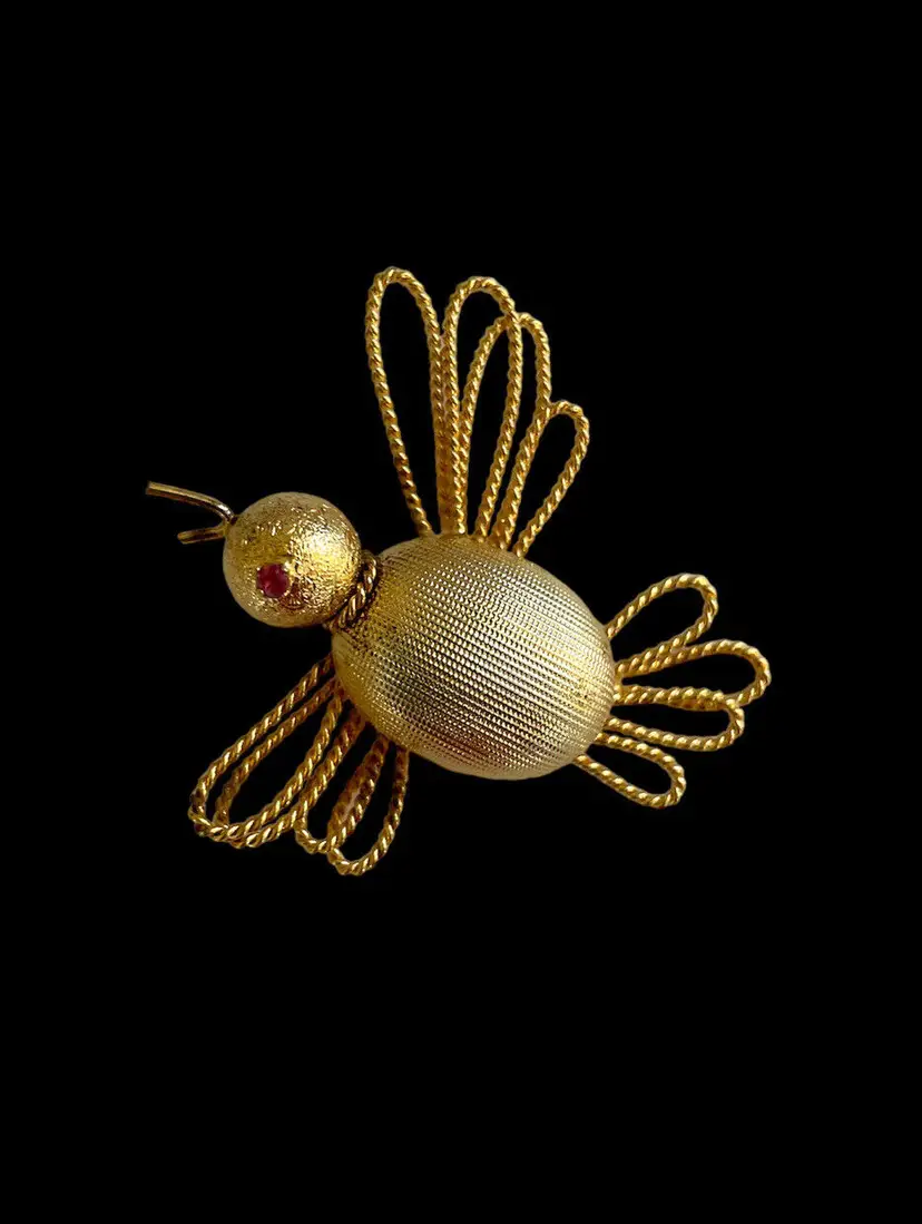 Vintage Coro Craft Bird Brooch Real Ruby Eye Gold Tone Figural Wire Wings ADORABLE