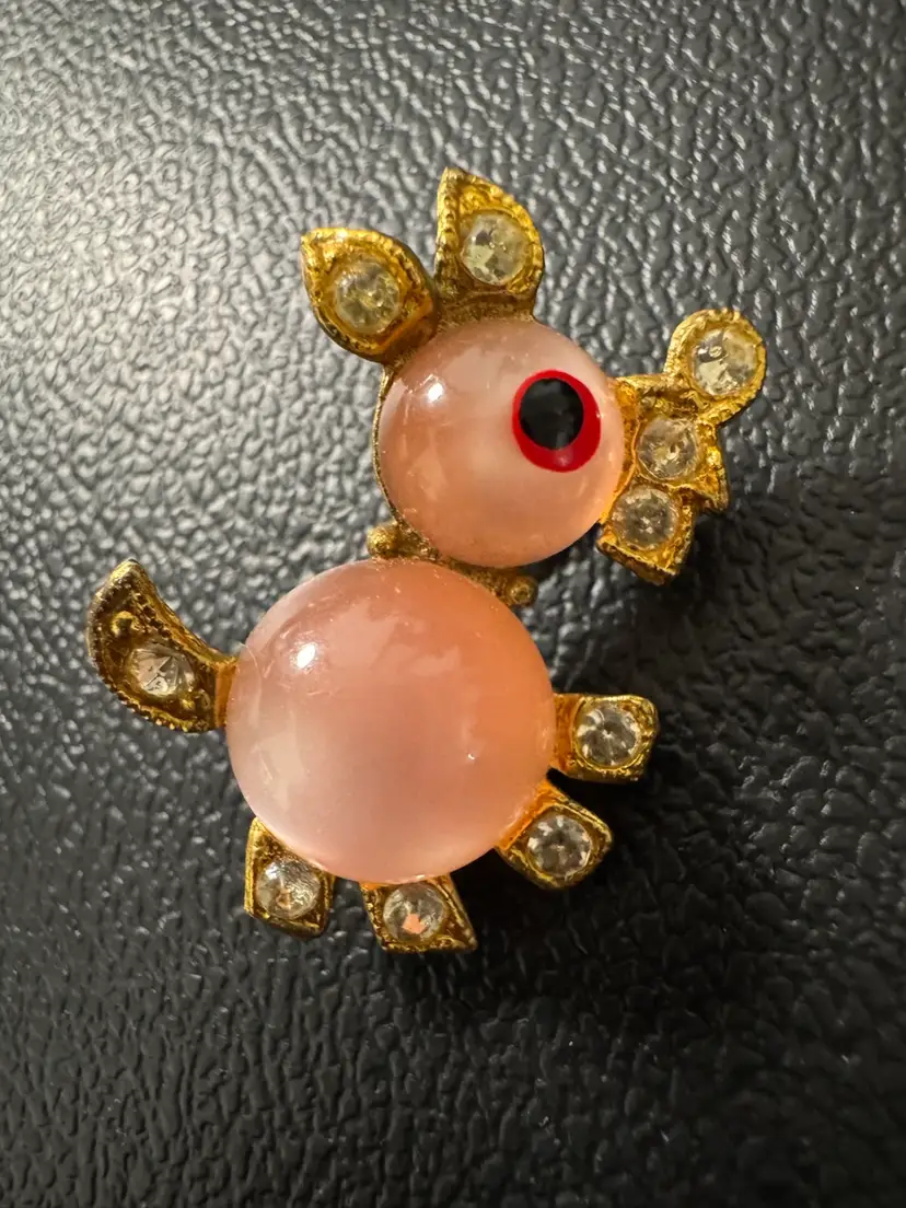 Vintage Gold Tone "Jelly Belly " Dog Brooch Pink Opalescent Body & Rhinestones