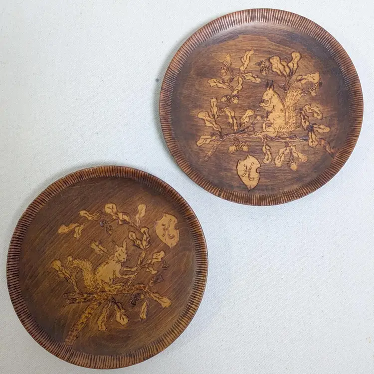 Antique Wood Burned Art Squirrel Plates - Set of 2