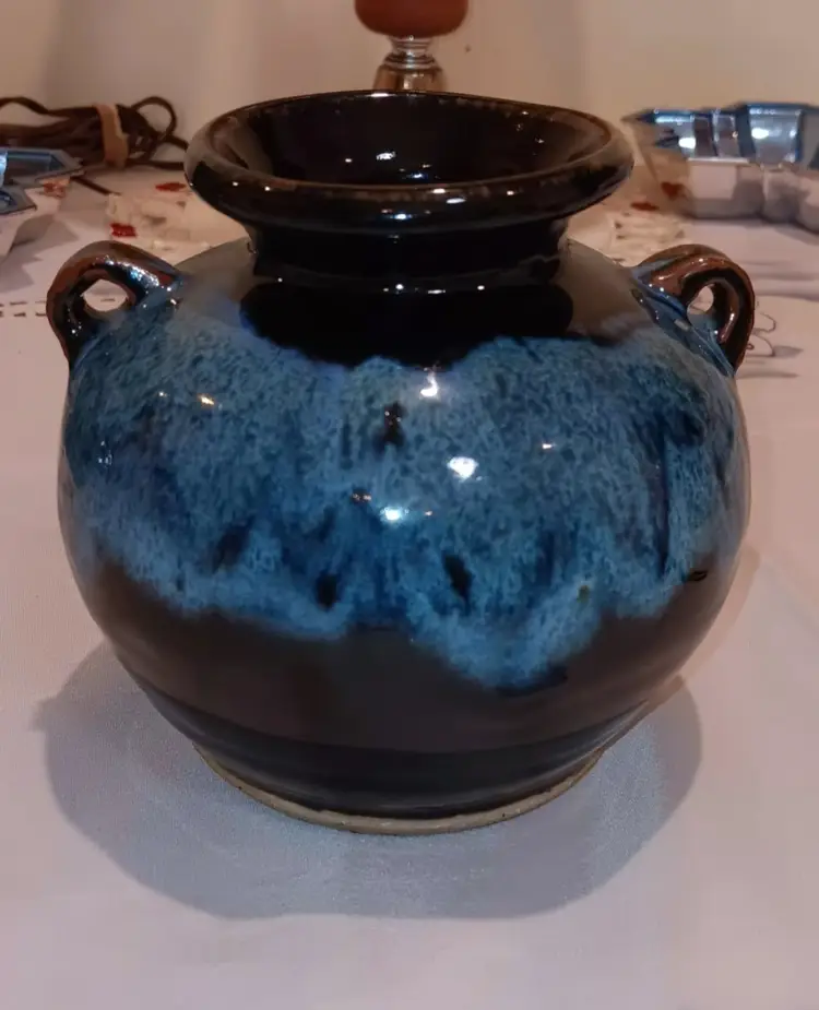 Studio Pottery Vase with Blue and Black Drip Glaze