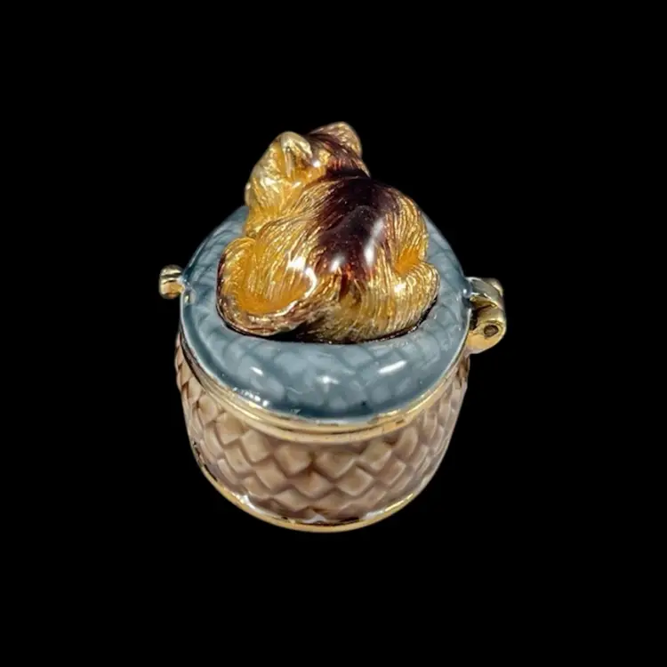 Monet Enamel Cat Magnetic Trinket Box, Monet Collectible Box Sleeping Cat, Enamel Monet Keepsake Box, Kitten In Basket Trinket Box