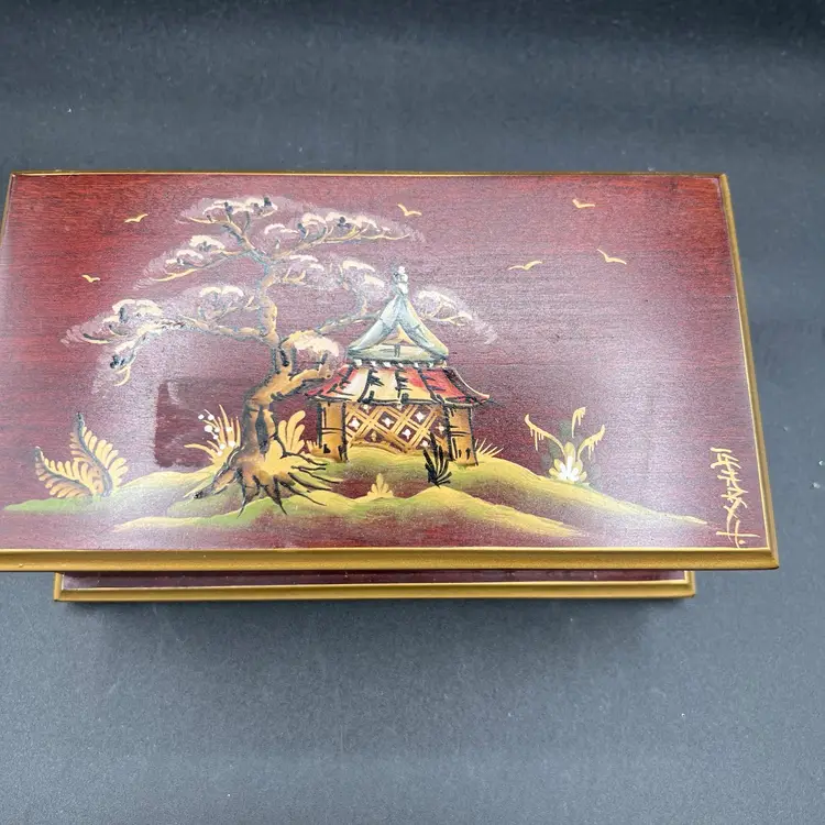 Wooden Jasper Hand painted Cabinet Hinged Box Signed