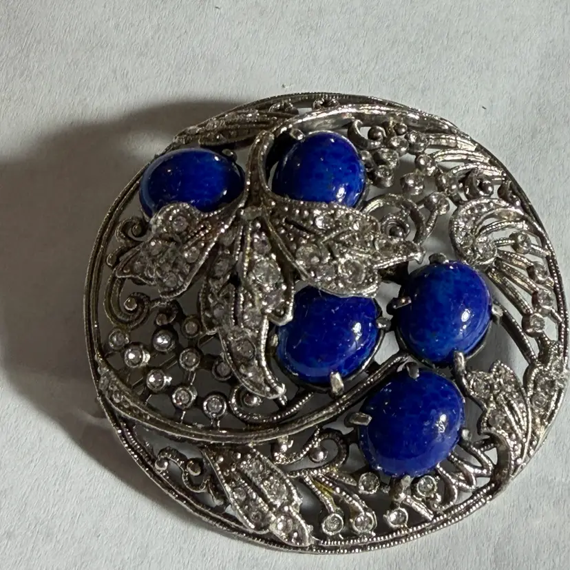 Vintage Art Deco Pot Metal Rhinestone & Blue Glass Cabochon Brooch - 2.25” Diameter