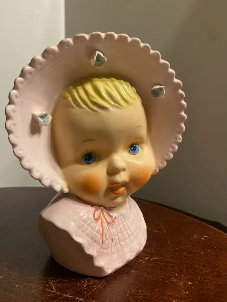 Lovely Vintage Baby Girl Head Vase Planter Pink Ruffled Hat with Florals