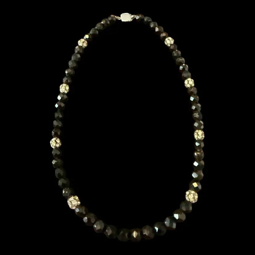 Sterling Silver Clasp Black Faceted Glass And Rhinestone Beaded Necklace 18”