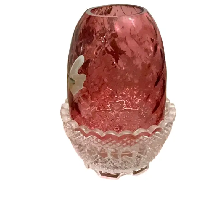 Fenton 2-piece Cranberry Diamond Optic Pansy Flower Fairy Light HP By Carol Griffiths 4 1/2” X 3 1/4”