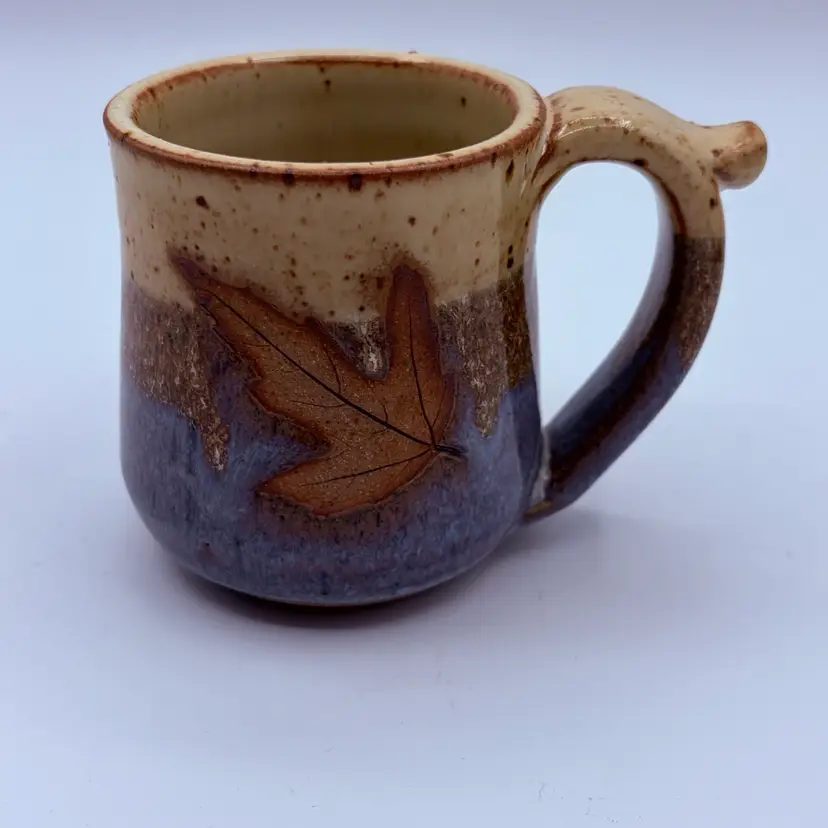Signed Pottery Mug With Leaf Blue Fade