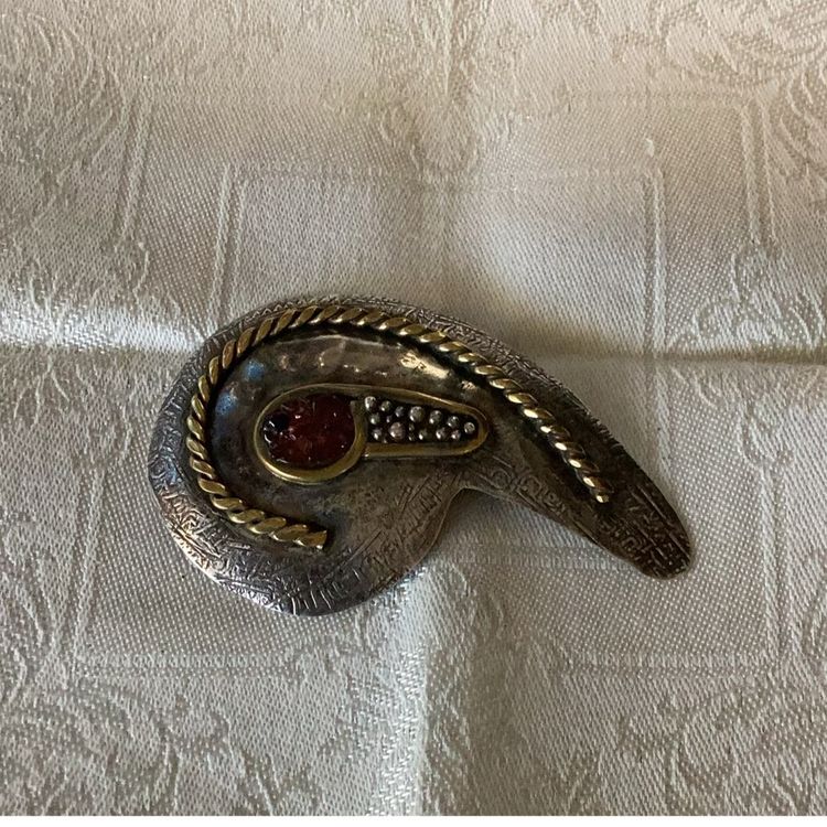 Vintage Sterling Silver Brooch Brass And Natural Stones 23 Grams