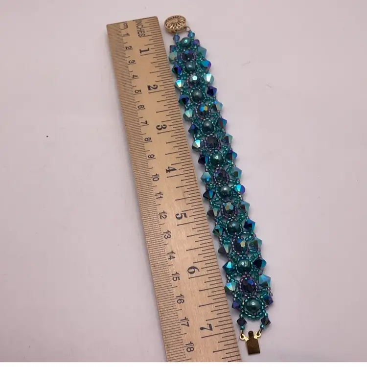 Turquoise Swarovski Crystal & Pearl Bracelet with Gold Filled Box Clasp Artisan Made 6.75”