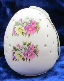 Vintage Porcelain Pomander Potpourri Ornament Sachet~Egg Shape~Floral, Japan