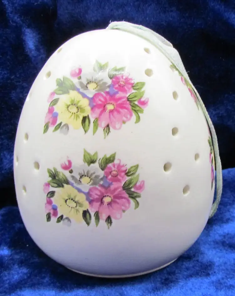 Vintage Porcelain Pomander Potpourri Ornament Sachet~Egg Shape~Floral, Japan