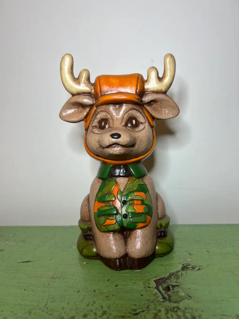 Ceramic Camo Deer Figurine. Garden Statue, Yard Art, Buck Hunter, Hunter Hat, Vest. 6.5" tall