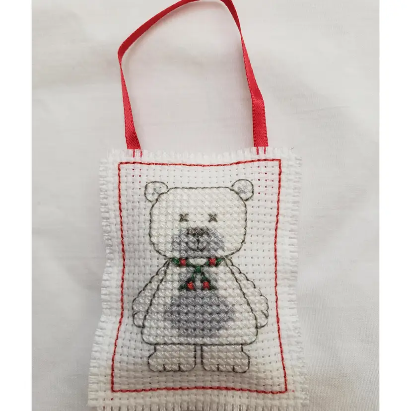 New Handmade Cross-stitched Bear Christmas Ornament