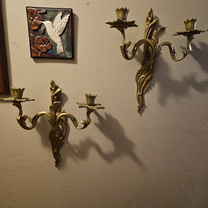 Antique Ornate French Louis XV Rococo Solid Brass Candle/ Wall Sconces Set of 2 Epic Find w/Patina