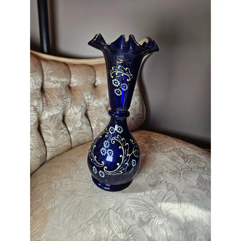 Vintage Victorian Cobalt Blue Hand-Painted Handblown Glass Vase