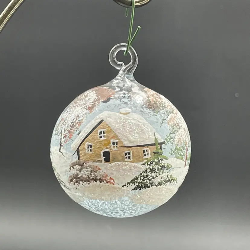 Blown Glass Ornament Hand Painted Cabins Stream Winter Scene VTG Christmas