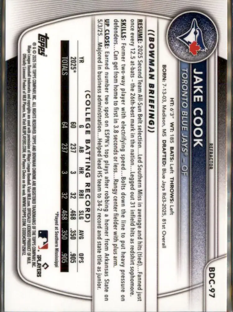 2025 Bowman Draft #BDC-97 Jake Cook Chrome Refractor - (138) - Toronto Blue Jays
