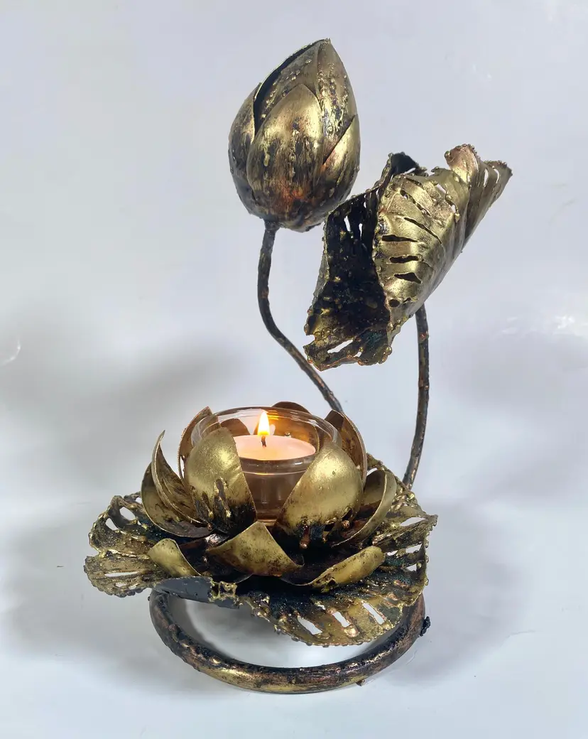 *VTG* Ornate Brass Lotus Floral Metal Candle Holder Decorate 10" Tall
