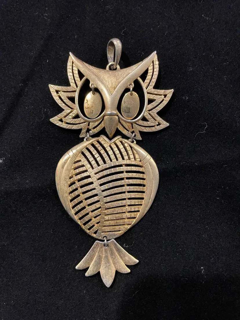 Large Boho Gold Tone Owl Necklace Pendant Marked Alan