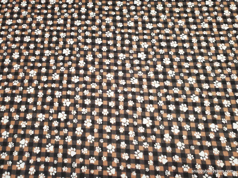 Paws on Brown Check Flannel Fabric Remnant - 100% Cotton - Choose Size - Soft Craft & Quilting Fabric