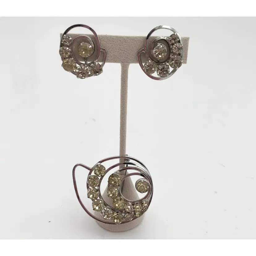 Sterling Rhinestone Brooch Earring Set Vintage Silver Screw Back Earring Art Deco 1920s
