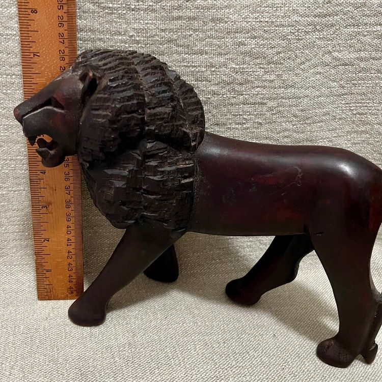 Vtg Hand Carved African ROARING LION Ebony Wood Sculpture Safari Statue 10” Long