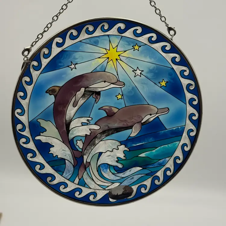 Vintage AMIA Stained Glass Suncatcher Dolphins & Ocean Hand-painted 6”
