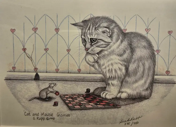 Signed Sue Rupp 1993 "Cat & Mouse Games" Framed Matted Art Print 875/950