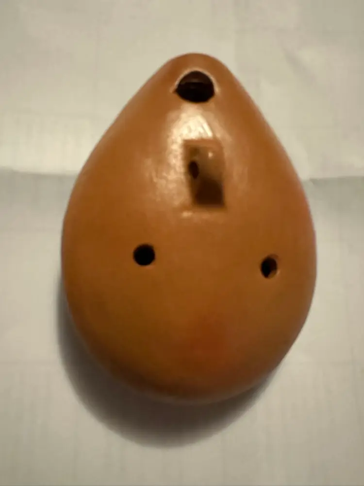 Hand-painted ceramic ocarina whistle with lizard motif, Peruvian folk art.
