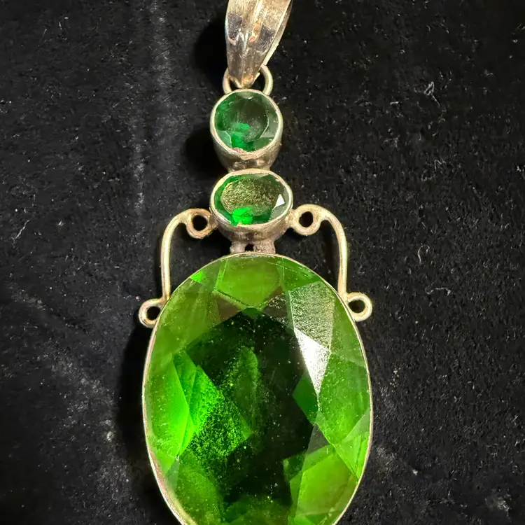 Sterling Silver Large Green Oval Crystal Pendant