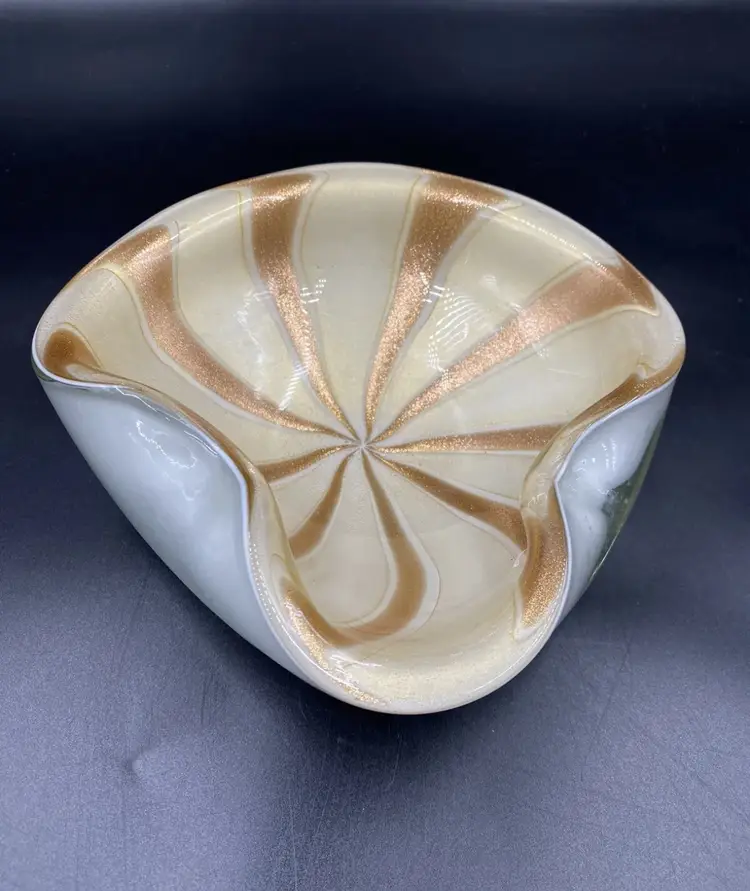 Vntg MURANO Barbini Aventurine Gold Circus Tent Hand Blown Glass Ashtray/ Bowl