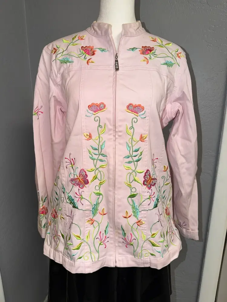 Vintage Quacker Factory Embroidered Jacket Size Small Flowers Pockets Full Zip