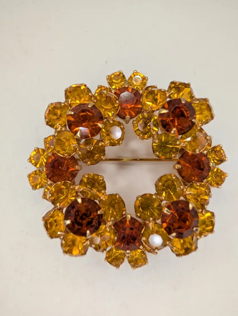 Signed Eisenberg Ice Orange and Yellow Floral Layered Wreath Brooch
