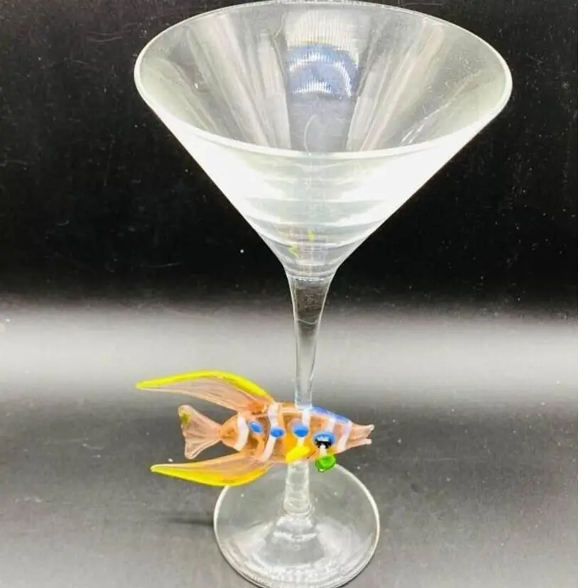 #1316 Hand Blown Yellow Art Glass  Fish on Stem Martini Glass Solo