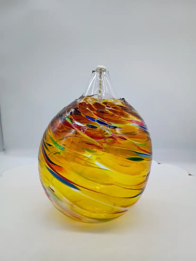 Hand Blown Art Glass Oil Lamp Multicolored Swirl Signed Loretta Eby
