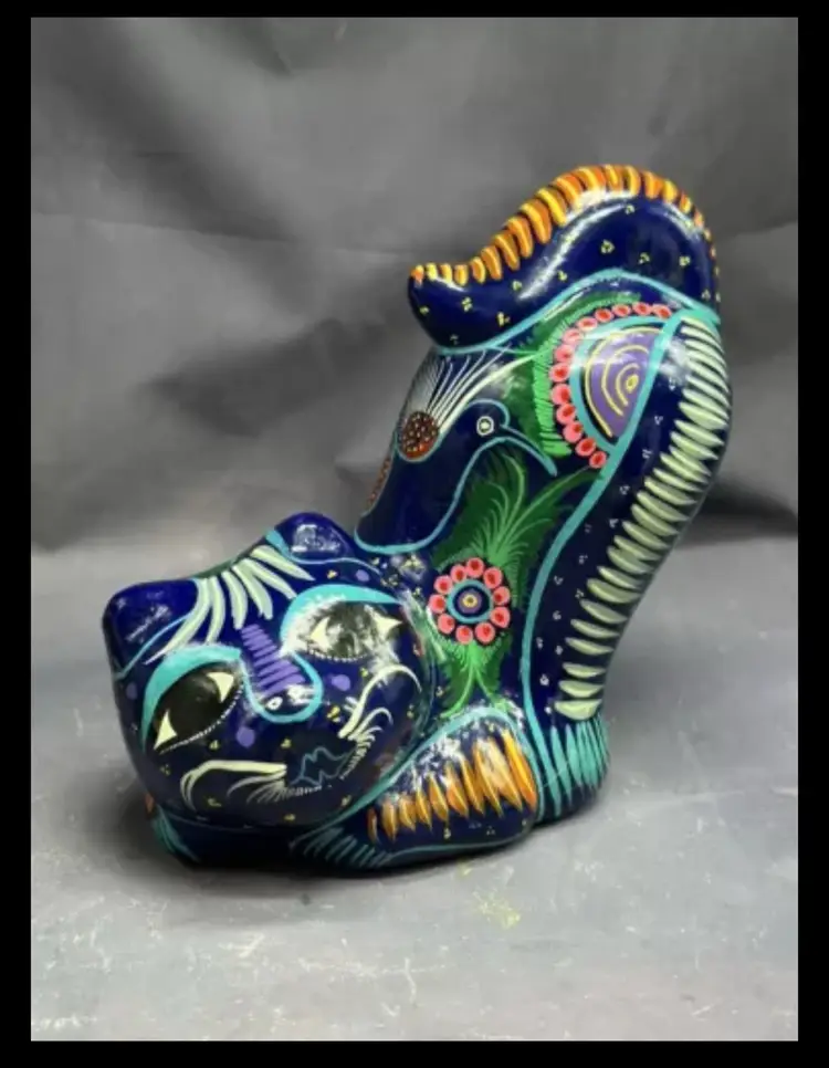 SALE Talavera Mexican Folk Art UV Glow Pottery Blue Cat Kitten Feline Hand Painted