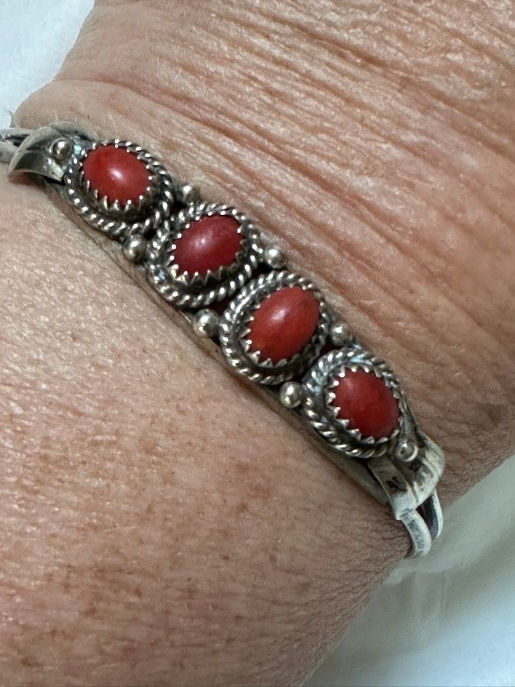 Native American Southwestern Sterling Silver & Coral Cuff Bracelet JJ