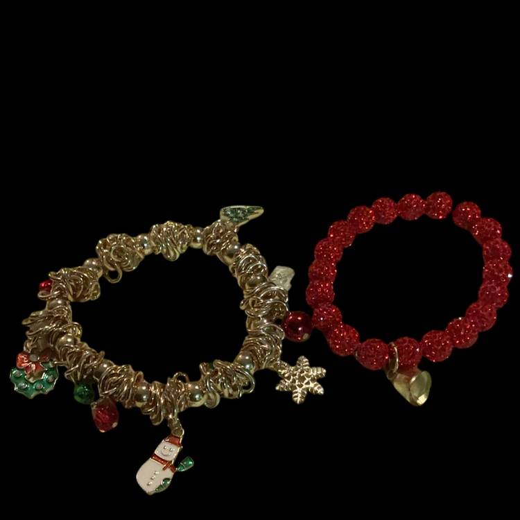 Beautiful Christmas/ Holiday Stretch Bracelets. Goldtone With Dangling Charms & Red Gorgeous Crystal Round Beads With Goldtone Bell Charm