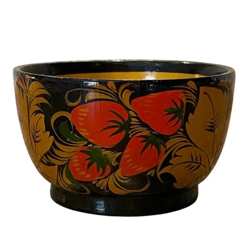 Russian Khokhloma Lacquered Bowl Dish Strawberries Fruit Vintage