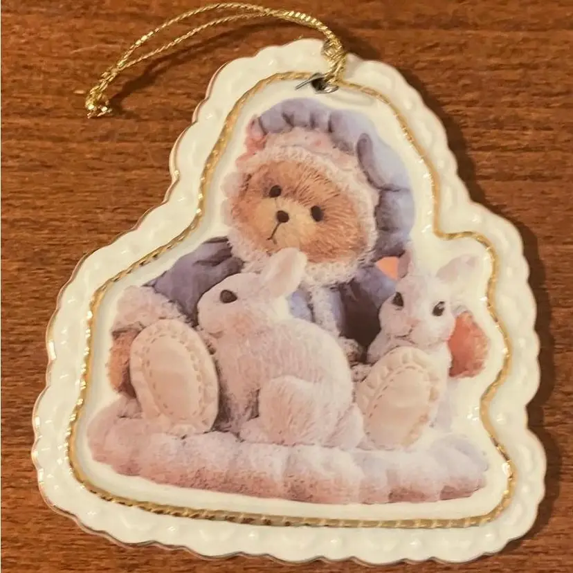VTG Enesco Cherished Teddies Porcelain Hanging Ornament Blue Bear with Bunnies